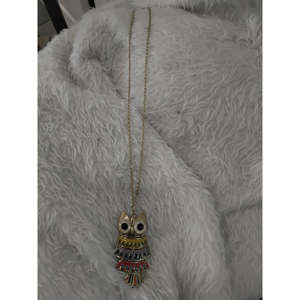 Vintage Style Articulated Owl Pendant Necklace Gold Tone Multi Color Enamel Long
